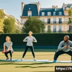 헬스트레이너 보험 설계 - A professional French sports coach conducting an outdoor training session with adult clients in a pu...