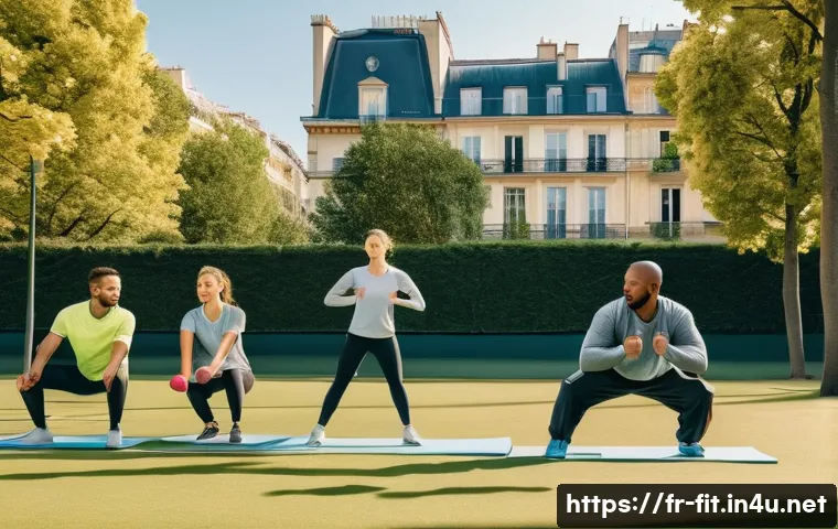 헬스트레이너 보험 설계 - A professional French sports coach conducting an outdoor training session with adult clients in a pu...