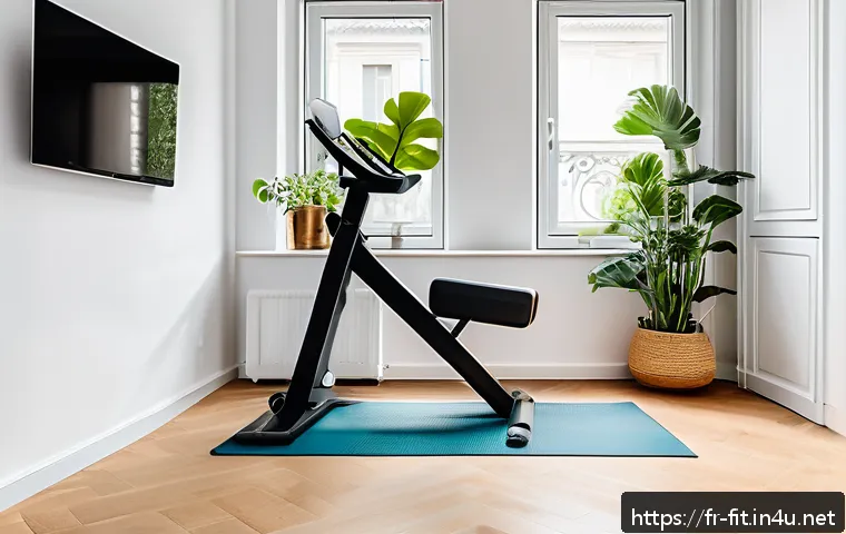 헬스트레이너 워라밸 실현 사례 - A modern and bright home gym setup for a personal fitness coach in a French urban apartment, featuri...