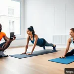 헬스트레이너 온라인 강의 제작 - A modern online fitness coaching scene showing a diverse group of adults using multiple devices like...