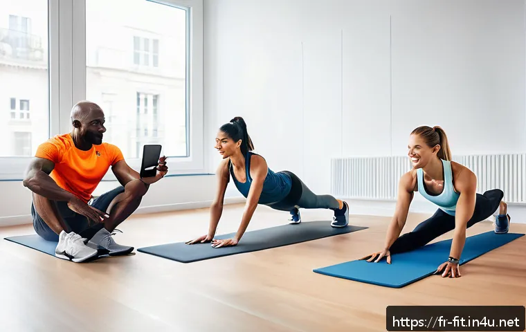 헬스트레이너 온라인 강의 제작 - A modern online fitness coaching scene showing a diverse group of adults using multiple devices like...